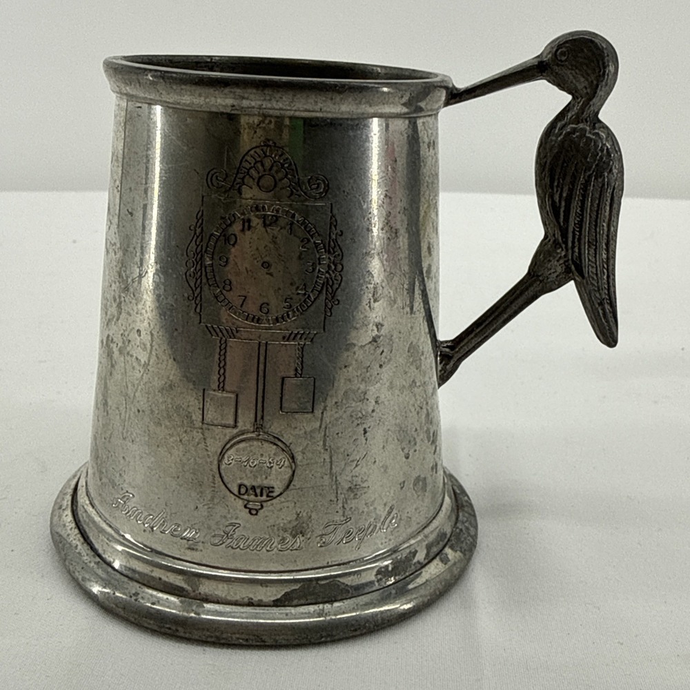 Vintage 1970's Sheffield England Pewter Stork Baby Mug Stein Cottagecore 3" high